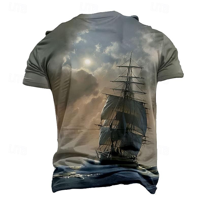 Men's Graphic Lightning Ship T shirt Henley Shirt Short Sleeve 3D Print Designer Retro Vintage Street Casual Summer Spring Blue Gray Henley Henley T-Shirt3