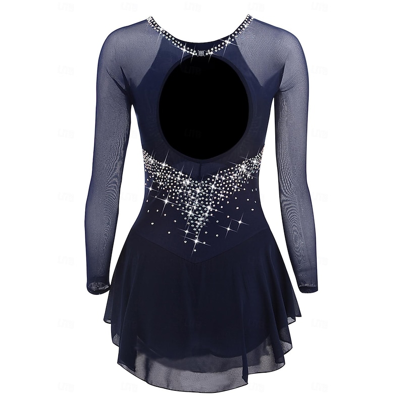 Figure Skating Dress Women's Girls' Ice Skating Dress Dark Navy Patchwork Open Back Mesh Spandex Stretchy Training Practice Professional Skating Wear Crystal / Rhinestone Long Sleeve Ice Skating2