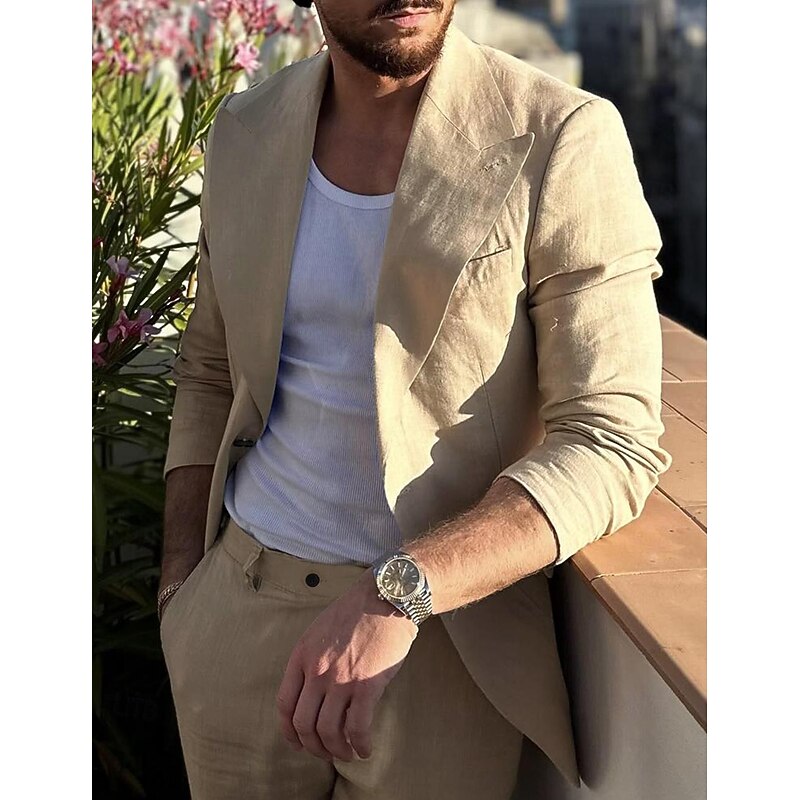 Men's Wedding Linen Suits Khaki Solid Colored Tailored Fit 2 Piece Single Breasted One-button