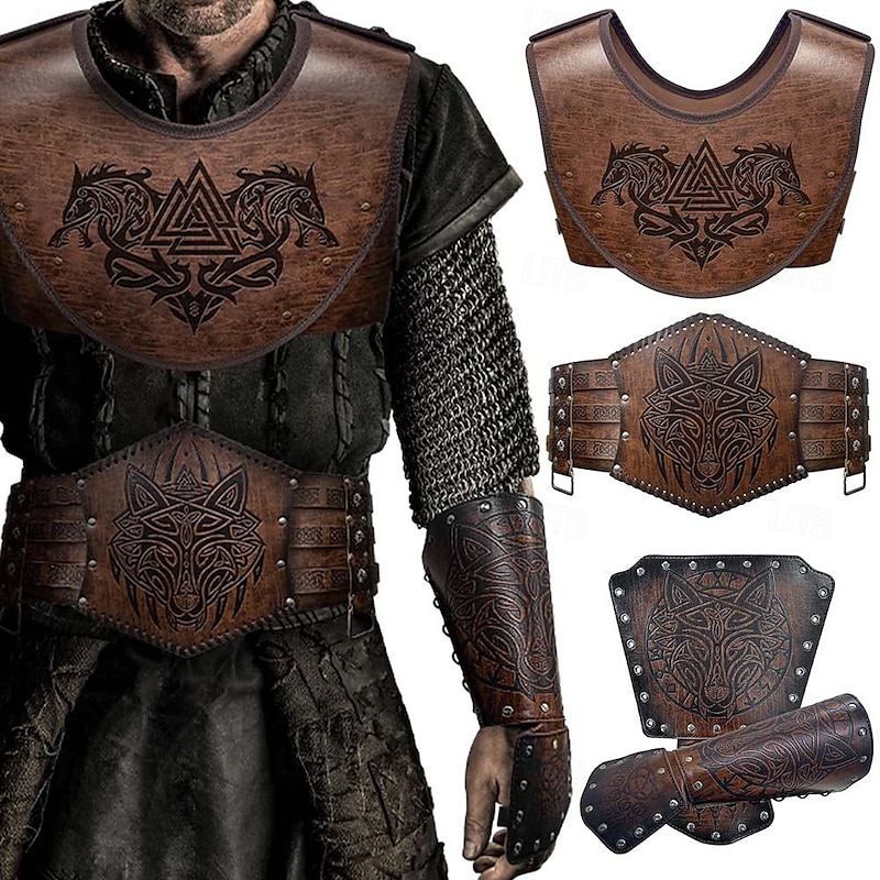 Medieval Renaissance Armor Outfits Armband Warrior Viking Fancy Dress Men's Viking Halloween Carnival Performance LARP Ren Faire Adults' Vest Waist Belt Arm Guards