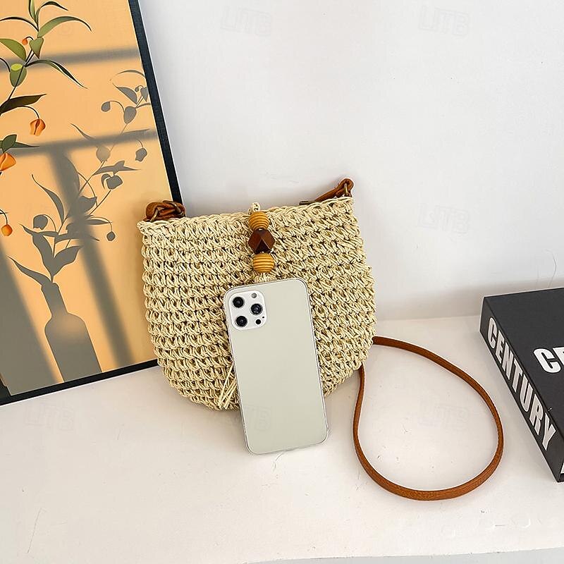 Women's Woven Straw Crossbody Bag – Boho Tassel Handbag with Bead Detail and Leather Strap for Summer Beach Trips and Casual Outings2