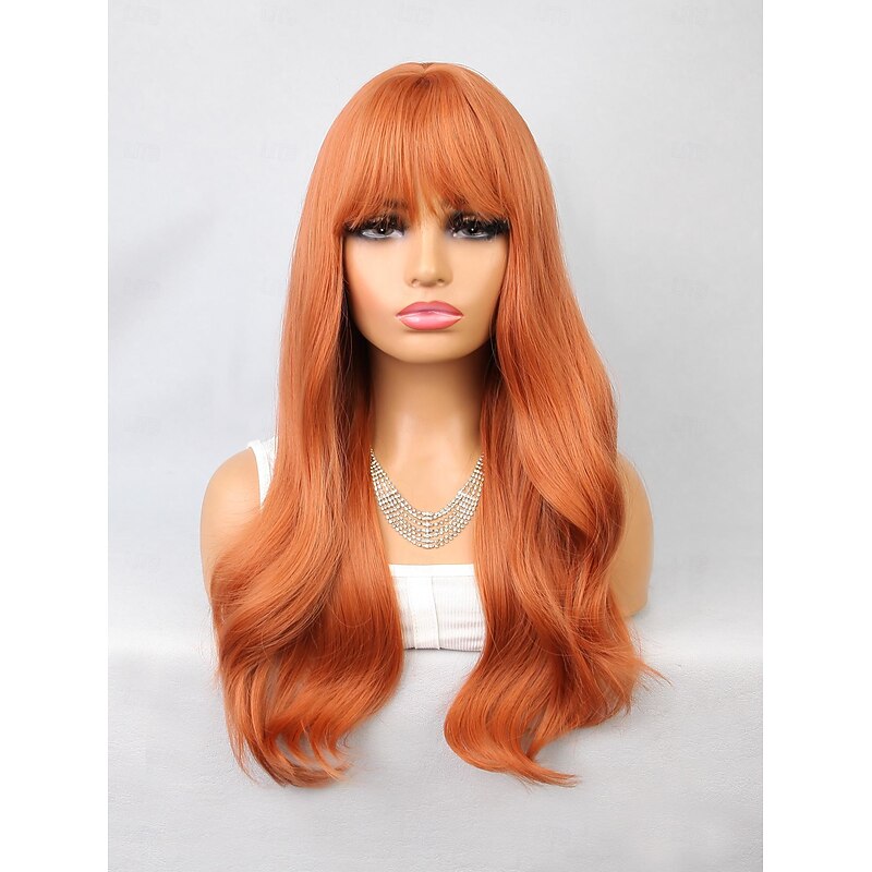 Synthetic Wig Body Wave Neat Bang Wig 22 inch Pink / Orange Synthetic Hair Women's Orange2