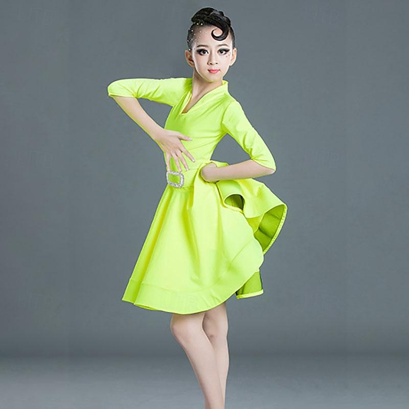 Latin Dance Kids' Dancewear Dress Pure Color Splicing Girls' Performance Training Half Sleeve High Polyester3