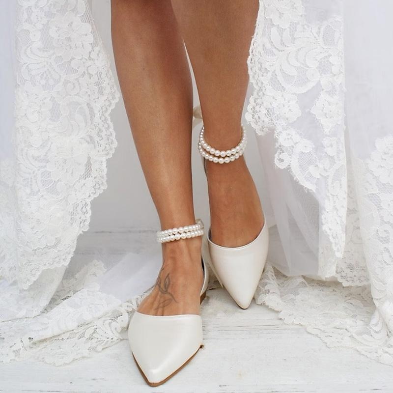 Women's White Pearl Ankle Strap Flats – Elegant Bridal Shoes for Weddings and Special Occasions 5