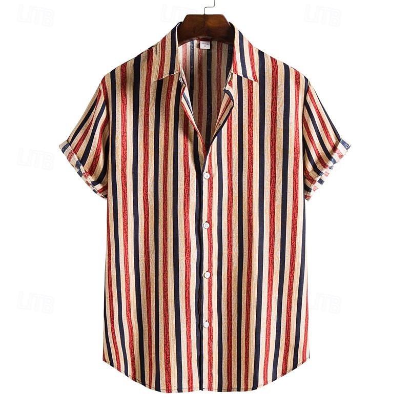 Men's Shirt Summer Shirt Casual Shirt Beach Shirt Button Up Shirt Striped Shirts Yellow Orange Coffee Short Sleeve Stripes Turndown Vacation Hawaiian Clothing Apparel Cotton Cotton Blend Fashion2