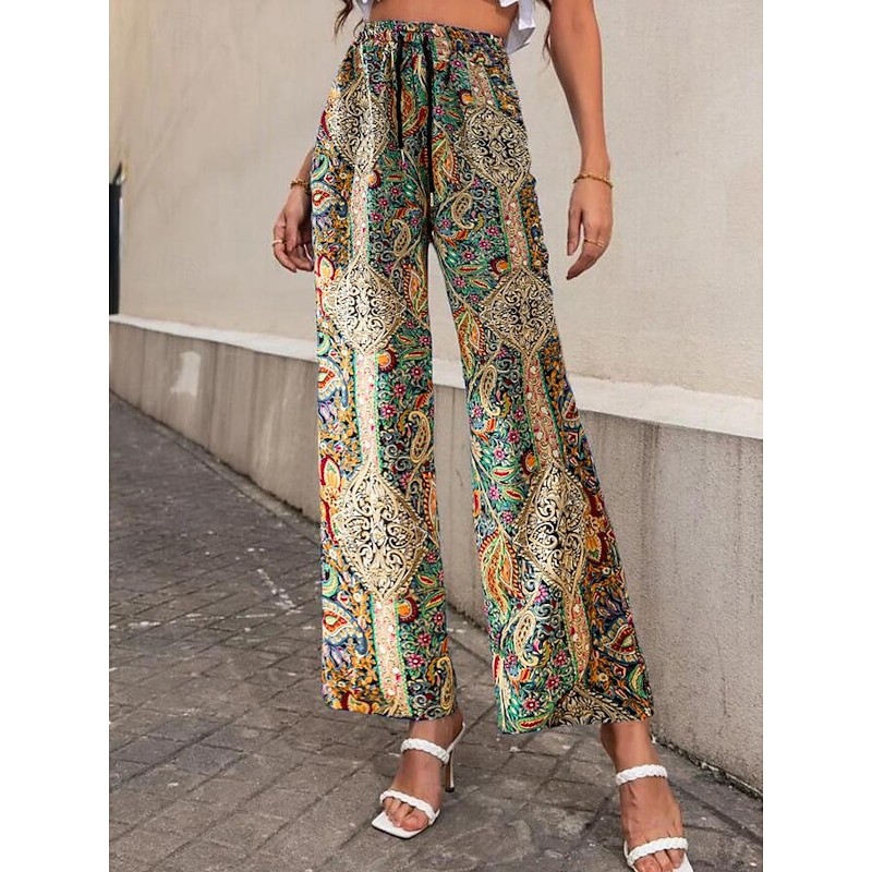 Women's Wide Leg Pants Trousers Casual Daily Long Graphic Paisley Dog Side Pockets Print Elastic Drawstring Design Breathability Comfortable Inelastic Going out Weekend Black & White Black Yellow Gray