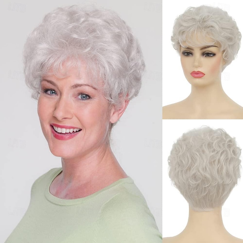Short White Wigs for Women Synthetic Layered Curly Pixie Wig with Bangs Natural Looking Costume Hair Wig
