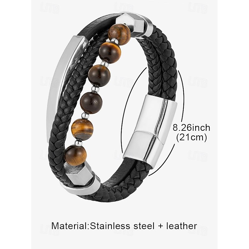 Men's Braided Leather Bracelet with Tiger Eye Beads and Stainless Steel Accents – Stylish Jewelry for Casual or Formal Occasions4