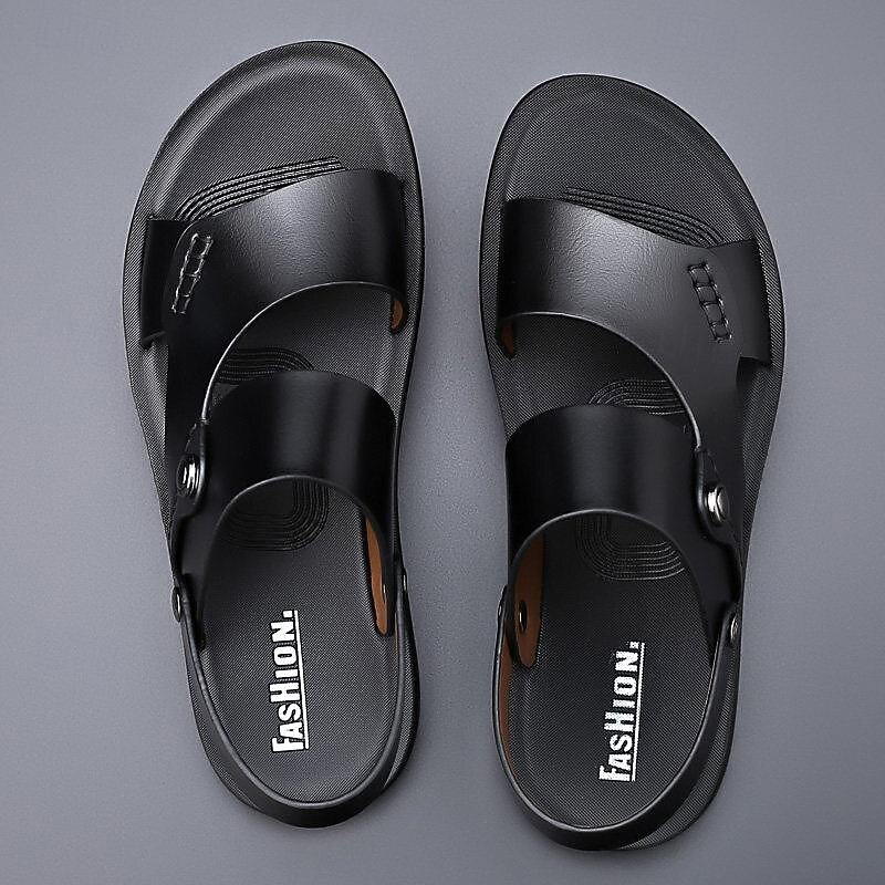 Men's Black Faux Leather Slide Sandals with Double Straps - Comfortable Slip-On Casual Footwear