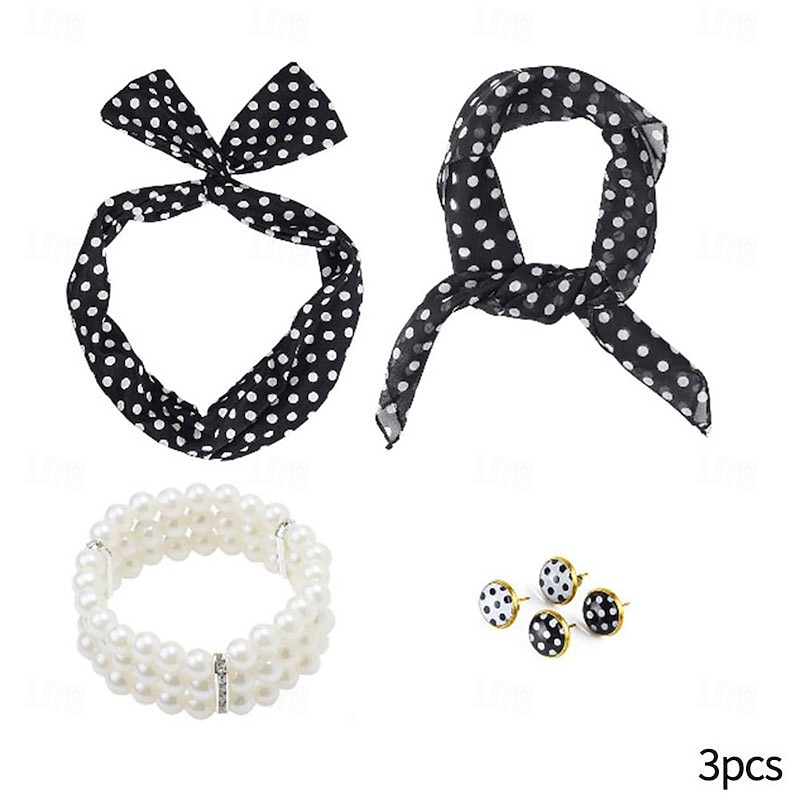 Vintage Polka Dots 1950s Grease Outfits Necklace Headband Accesories Set Polka Dot Fancy Dress Women's Halloween Masquerade Performance Halloween Party Evening Wear Adults Earrings Headband3