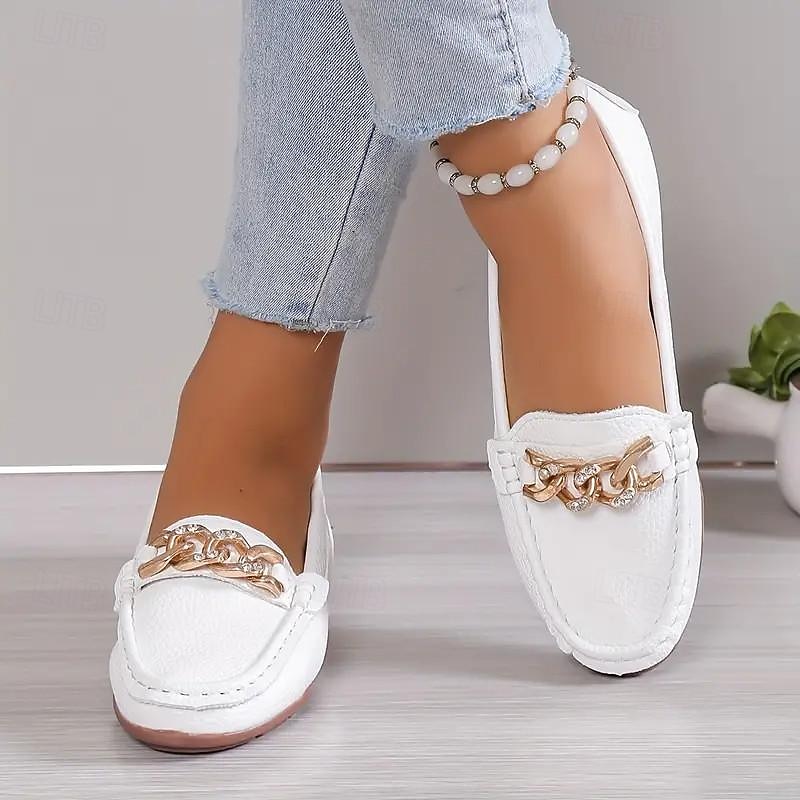 Women's Metallic Chain Decor Loafers Casual Round Toe Low Top Slip On Shoes Comfy & Versatile Flats