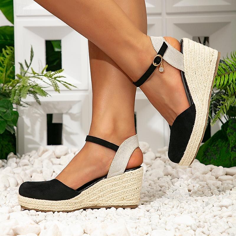 Women's Sandals Lace Up Sandals Strappy Sandals Boho Bohemia Beach Wedge Sandals Vacation Beach Wedge Bohemia Faux Suede Ankle Strap Almond Black4