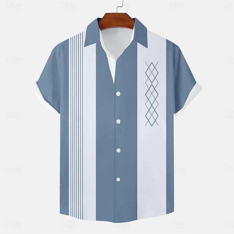 Men's Bowling Shirt Button Up Shirt Printed Shirts Short Sleeve Casual Outdoor Daily Summer Turndown Print Button-Down Black Blue Khaki3