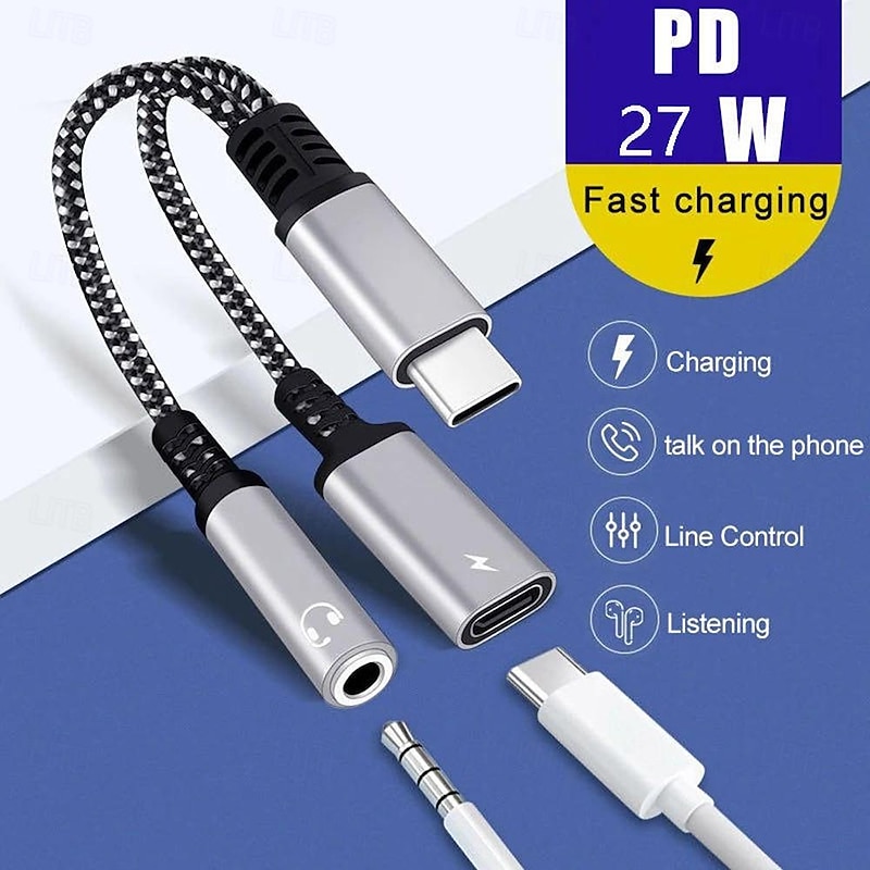 USB Type C to 3.5mm Headphone Jack Adapter Cable 2 in 1 Dual USB C Female Audio Aux Connector Charging Splitter Music