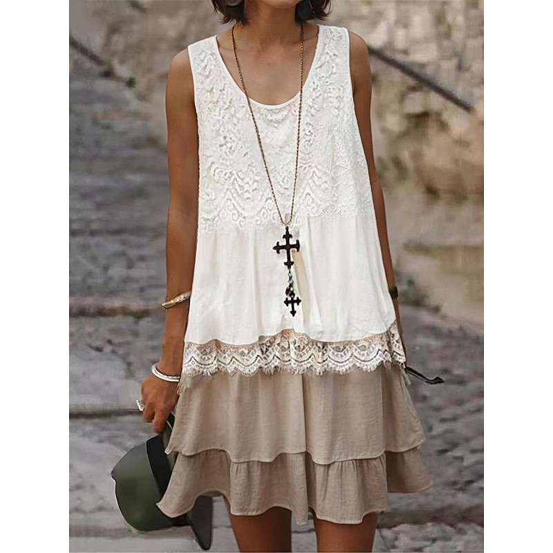 Women's White Bohemian Dress Lace Dress Detailed Layered Dress Sleeveless Scoop Neck White Tan Casual Summer Beach Party Relaxed Fit Clothing Apparel
