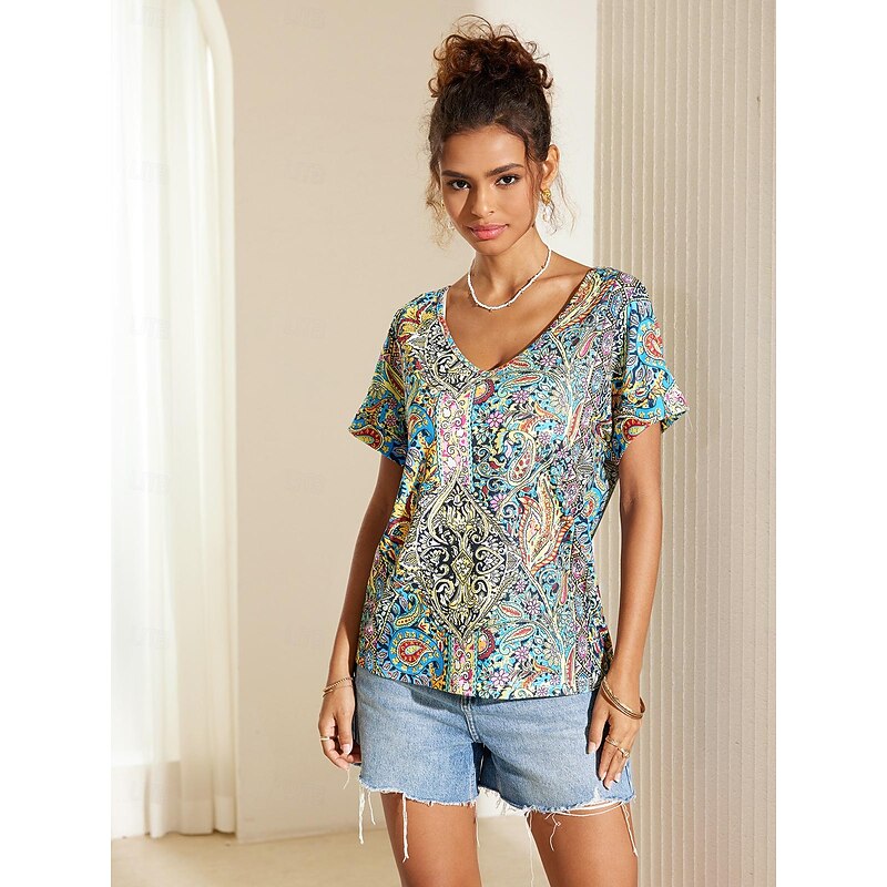 Women's T Shirt Boho Blouse Paisley Print V-Neck Short Sleeve Casual Loose Fit Multicolor Lightweight Summer Top3
