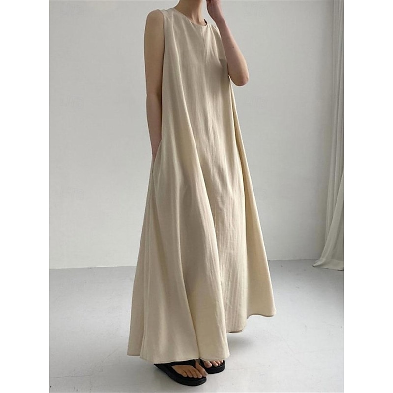 Women's White Navy Blue Blue Summer Spring Maxi Dress Cotton Linen Dresses Casual Dress Tank Dress Basic Modern Daily Weekend Loose Fit Plain Crew Neck Shirt Collar