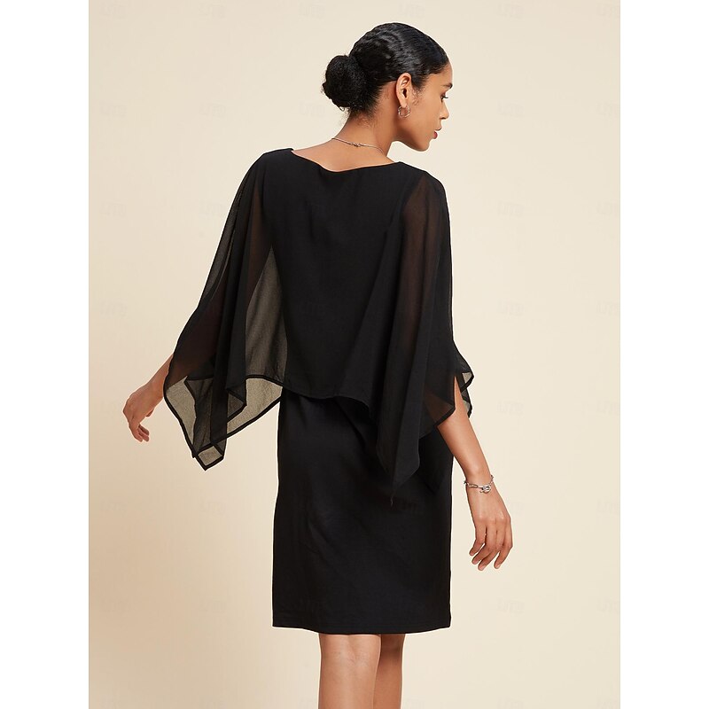 Women's Chiffon Wedding Guest Black Dress Loose Cape Mini Dress Bodycon Dress2