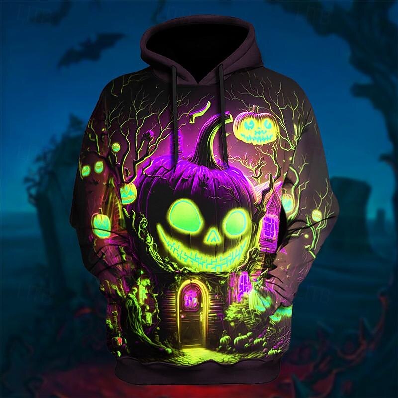 Men's Pumpkin Graphic Prints Hoodie Hoodies Sweatshirt Daily Classic Long Sleeve Hooded Halloween Holiday Going out Blue Purple Print Spring &  Fall Designer4
