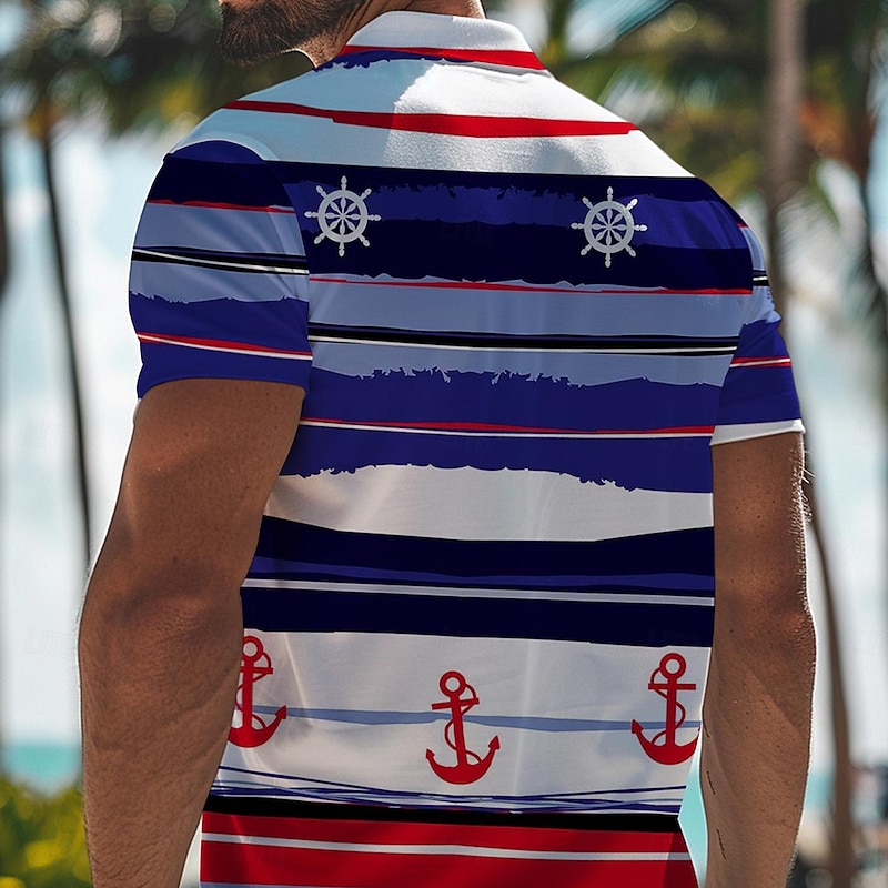 Kentucky Derby Men's Nautical Hawaiian Polo Shirts Golf Shirt Short Sleeve Polo Shirts Collared Shirts Beach Wear Vacation Wear Tropical Wear Party Outfits 3D Print Buttons Spring & Summer White Blue2