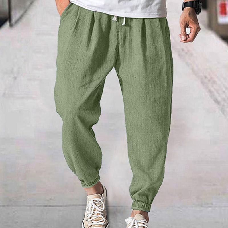 Men's Joggers Linen Pants Trousers Summer Pants Drawstring Elastic Waist Plain Comfort Soft Daily Beach Fashion Streetwear Dark Khaki Black Micro-elastic2