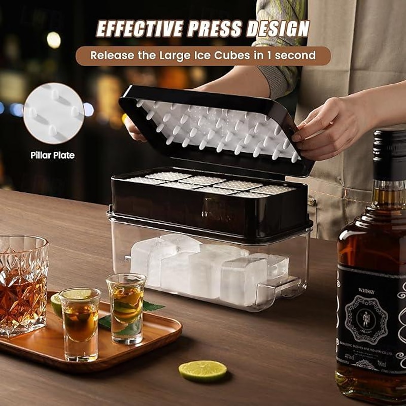 Large Ice Cube Tray with Lid and Bin Ice Trays for Freezer 2 INCH Whiskey Ice Cubes Mold 1*8 pcs Square Ice Cube Mold with Tong Easy to Release Large Ice Tray for Whiskey Cocktail Bourbon3