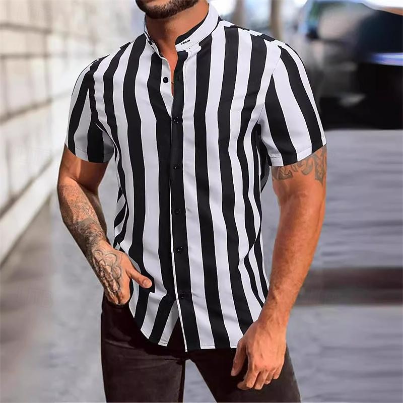 Men's Shirt Chinese Collar Shirt Mandarin Collar Shirt Summer Shirt Casual Shirt Beach Shirt Black Short Sleeve Stripes Grandad Collar Band Collar Vacation Hawaiian Clothing Apparel Polyester Fashion