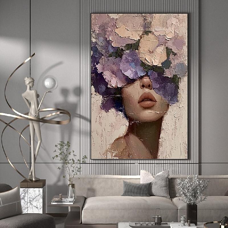 Abstract Lady Painting hand painted Woman Face Painting Large handmade Faceless Portrait Artwork Flower Figurative Canvas Art Framed Woman Art Home Decor3