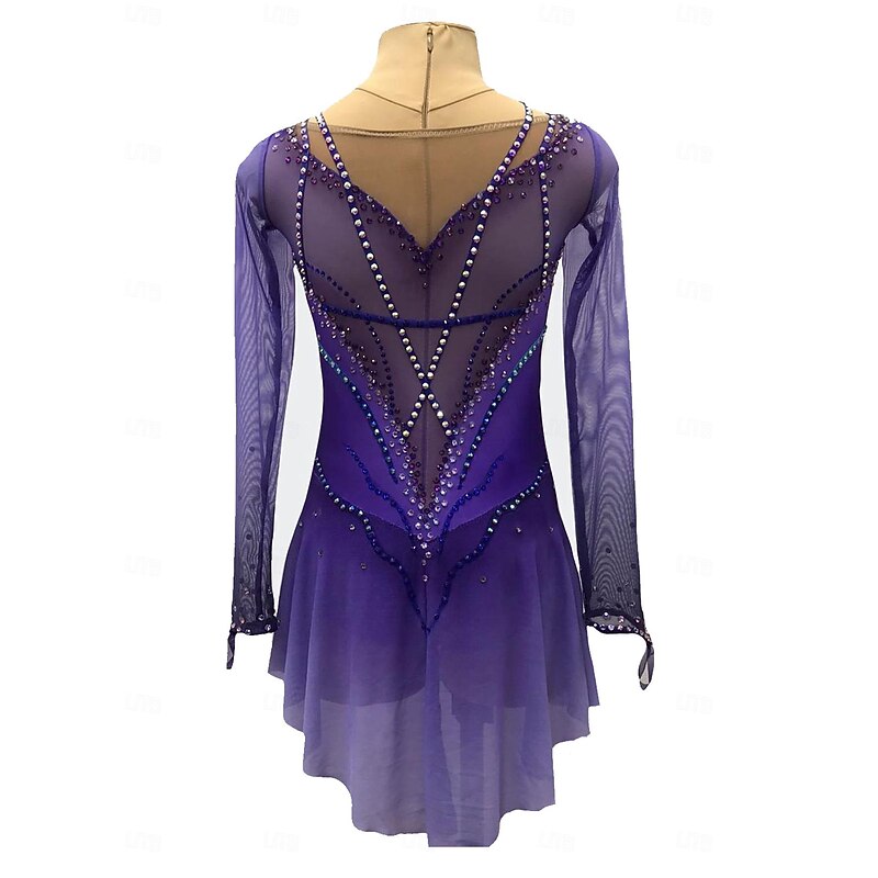 Figure Skating Dress Women's Girls' Ice Skating Dress Violet Patchwork Thumbhole Mesh Spandex Stretchy Training Practice Professional Skating Wear Crystal / Rhinestone Long Sleeve Ice Skating Figure2