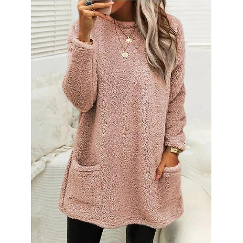 Women's Sweatshirt Pullover Sherpa Fleece Teddy Pocket Marron Black Blue Solid Color Street Casual Round Neck Long Sleeve Fleece S M L XL 2XL 3XL4