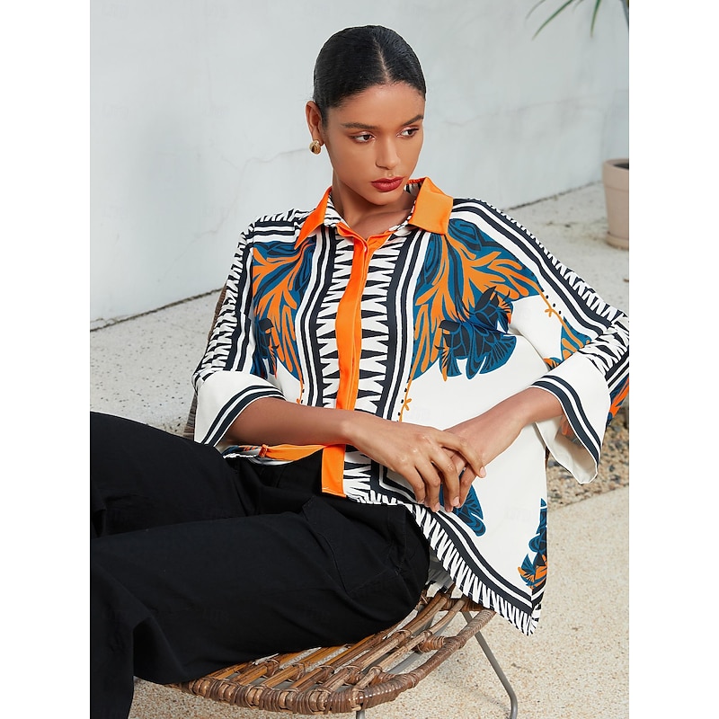 Women's Satin Silk Shirt Plaid / Striped / Chevron / Round Flower / Plants Daily Wear Magyar Sleeve Black Color Block Printing Geometrical 3/4-Length Sleeve Modern Contemporary Shirt Collar Spring3