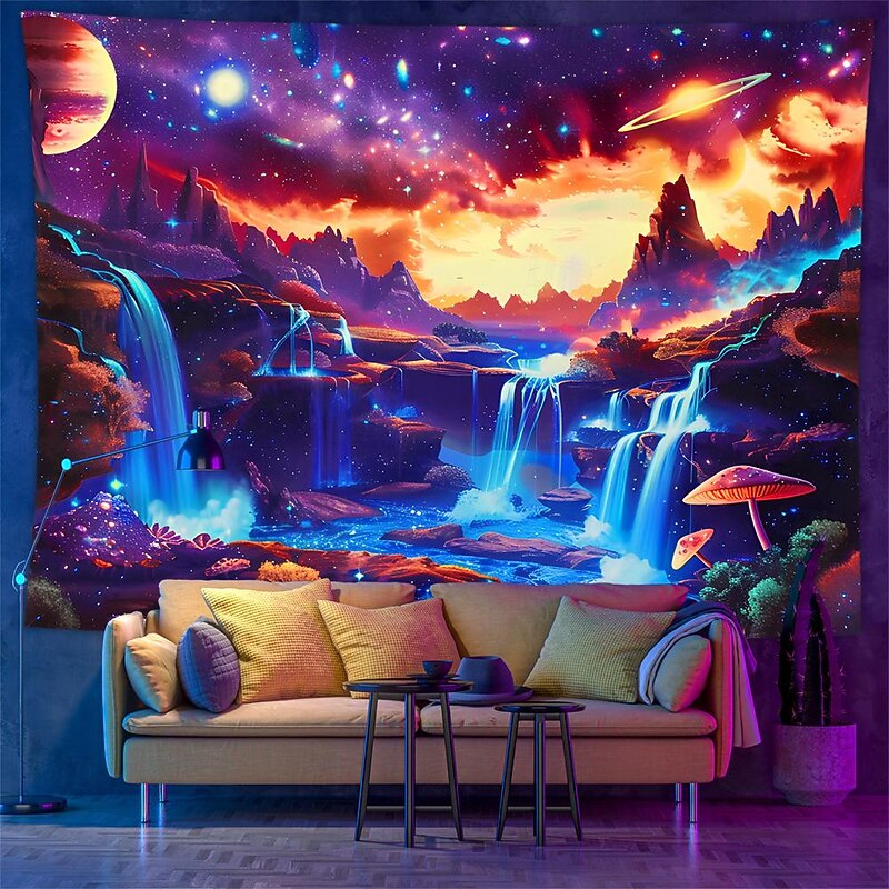 Blacklight Tapestry UV Reactive Glow in the Dark Glow Party Neon Galaxy Universe Mushrooms Psychedelic Trippy Misty Hanging Tapestry Wall Art Mural for Living4