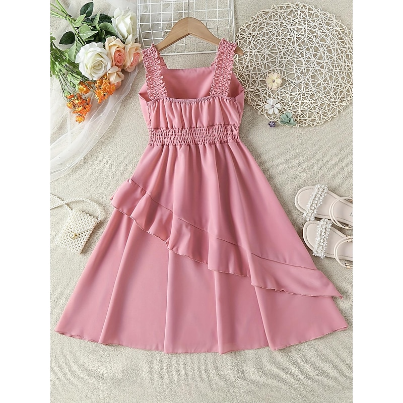 Girls Shirred Waist Ruffle Trim Cami Dress For Party Beach Vacation Kids Summer Clothes