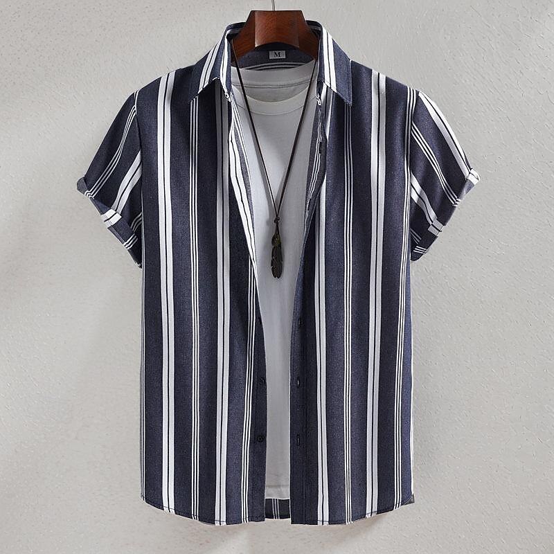 Men's Shirt Summer Shirt Casual Shirt Beach Shirt Button Up Shirt Striped Shirts Navy Blue Short Sleeve Stripes Turndown Vacation Hawaiian Clothing Apparel Polyester Fashion Casual Comfortable