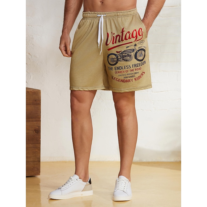 Men's Letter Vintage Motorcycle Sweat Shorts Beach Shorts Terry Shorts Mid Waist Vintage Casual Daily Holiday Streetwear Drawstring Elastic Waist 3D Print Designer Clothing Apparel4