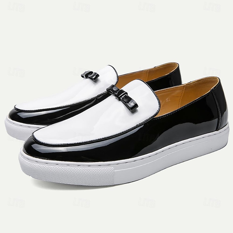 Men's Black and White Patent Faux Leather Loafers with Bow Detail – Stylish Slip-On Dress Shoes for Formal Events and Parties2