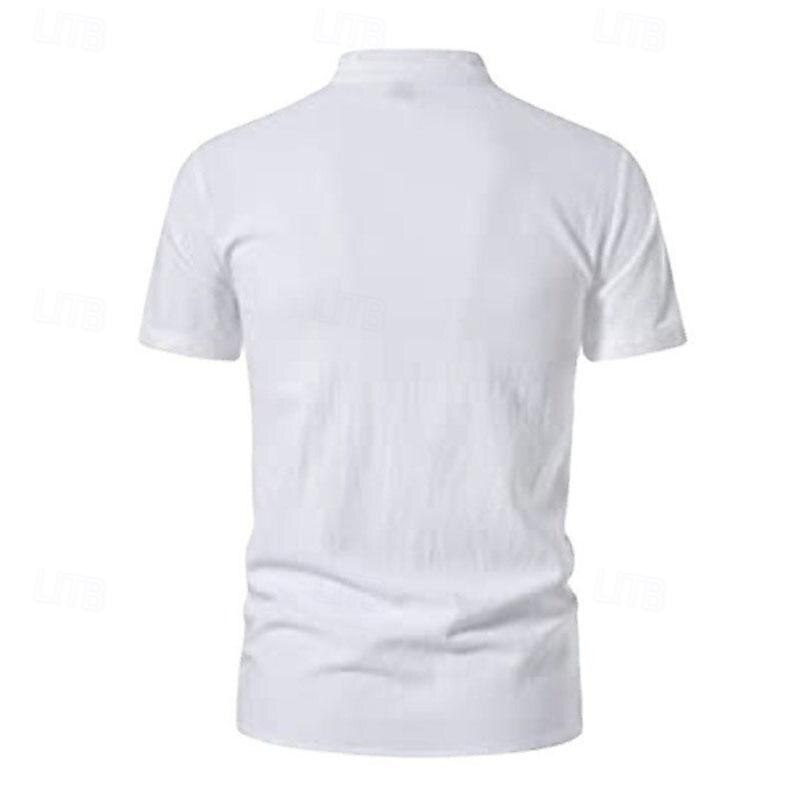 Men's Shirt Cotton Linen Shirt Cotton Shirt Plain Vacation Street Black White Khaki Short Sleeve Band Collar Summer Clothing Apparel Lace up3