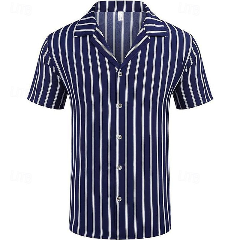 Men's Shirt Summer Shirt Casual Shirt Beach Shirt Button Up Shirt Black Navy Blue Short Sleeve Stripes Camp Collar Vacation Hawaiian Clothing Apparel Polyester Fashion Casual Comfortable2