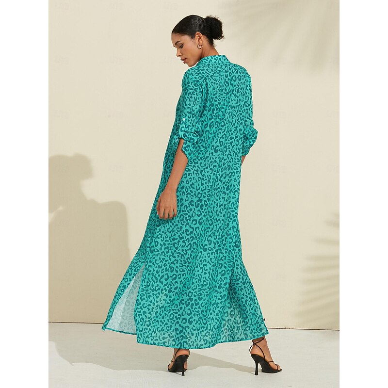 Women's Shirt Dress Print Dress Maxi Dress Blue Green Leopard prints Roll up Sleeves Sequin Summer Shirt Collar Leopard Print S M L3