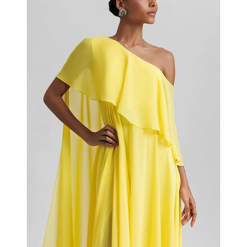 A-Line Evening Gown Elegant Dress Beach Wedding Formal Wedding Guest Floor Length Sleeveless One Shoulder Stretch Chiffon with Ruffles Slit3