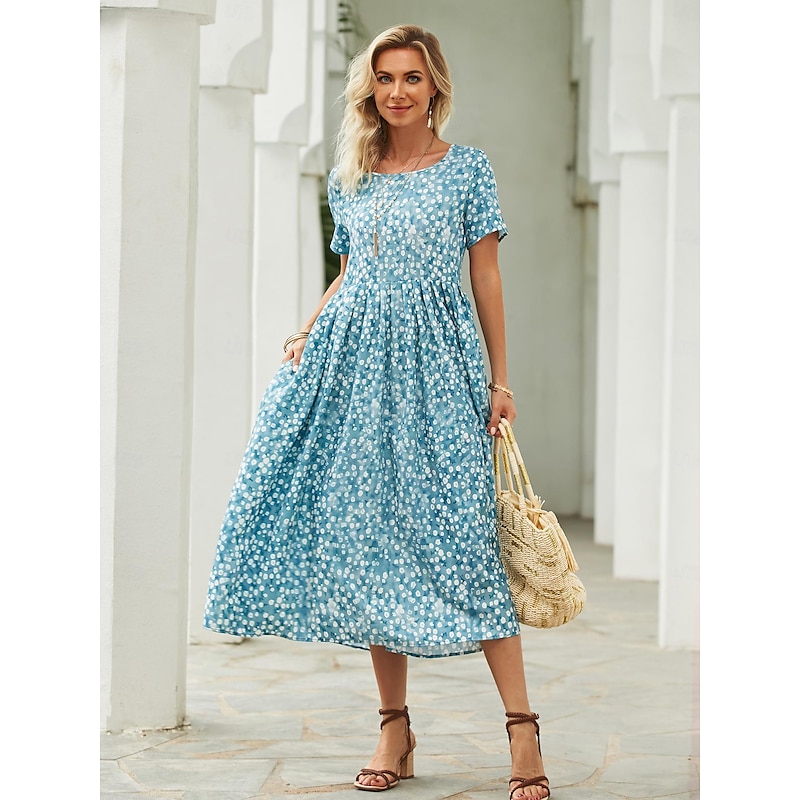 Women's Midi Dress Floral Dress Summer Dress Print Dress Fashion Streetwear Modern Outdoor Daily Date Loose Fit Floral Ditsy Floral Short Sleeve Crew Neck Navy Blue Royal Blue Blue Dark Blue Summer2