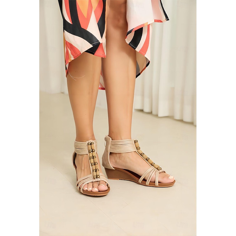 Women's Boho Beaded Wedge Sandals with Elastic Strap – Stylish Open-Toe Shoes for Summer, Beach, and Casual Outings2