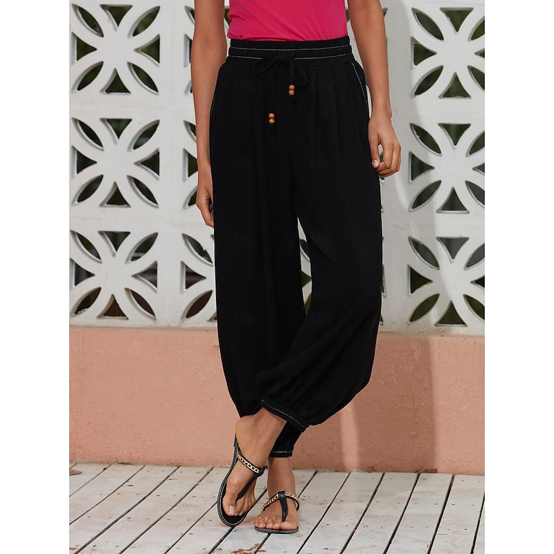 Women's Linen Black Loose Pleated Adjustable Drawstring Dhoti Pants with Pockets2