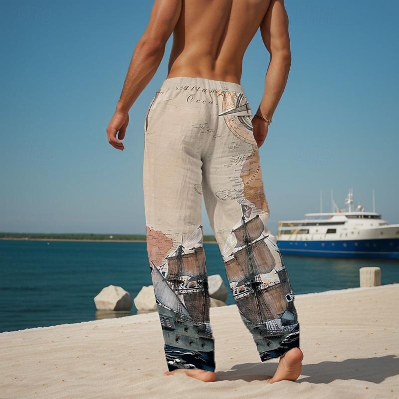 Men's Pants Trousers Mid Waist Drawstring Elastic Waist Hawaiian Holiday Beaches Straight Leg Trousers Summer Spring Fall 3D Print Beige2