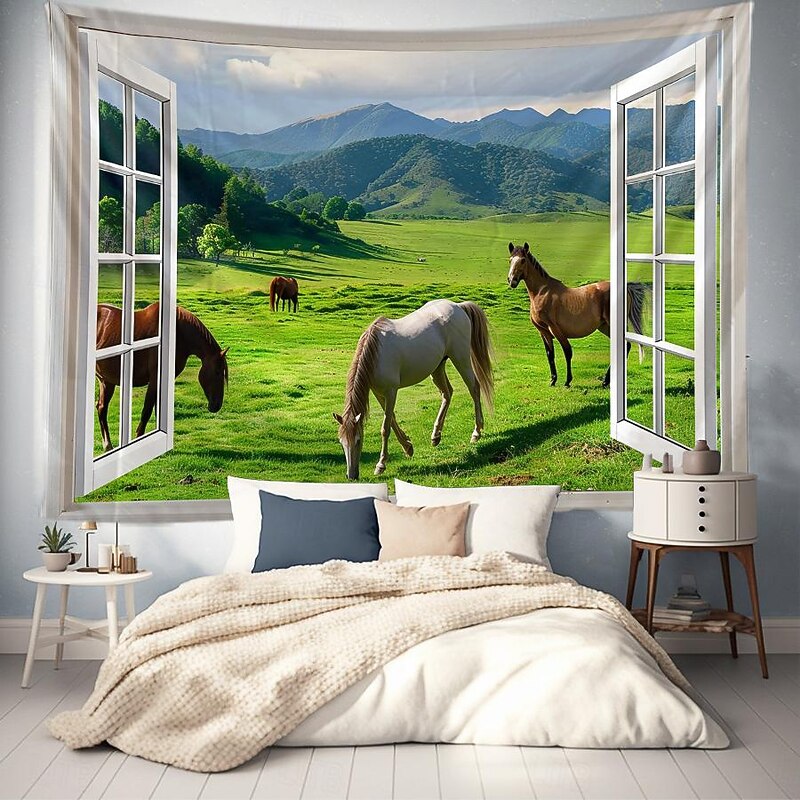 Window Animals Bear Hanging Tapestry Wall Art Large Tapestry Mural Decor Photograph Backdrop Blanket Curtain Home Bedroom Living Room Decoration2