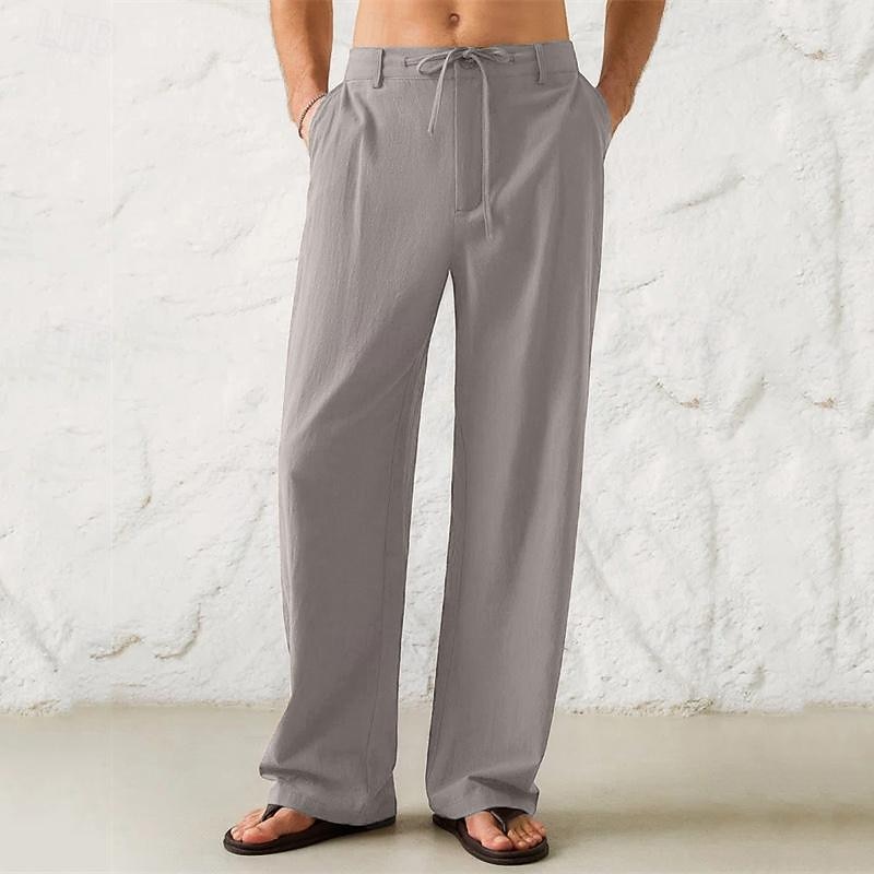 Men's Trousers Summer Pants Beach Pants Drawstring Wide Leg Front Pocket Plain Comfort Soft Casual Daily Fashion Streetwear Black White Micro-elastic