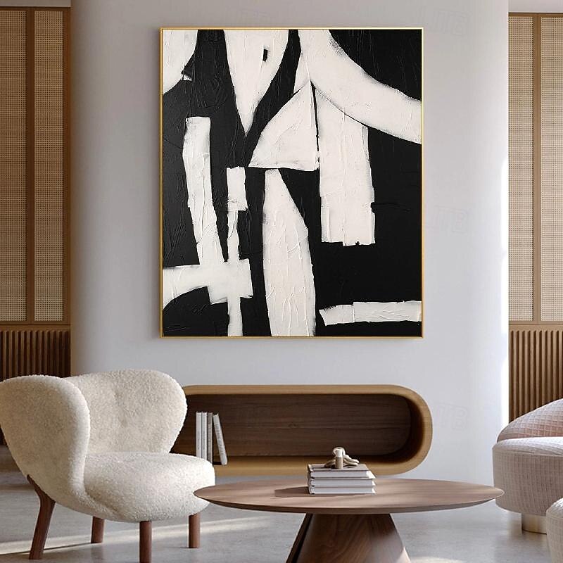 Handpainted White Black Textured Painting Oversized 3D handmade Abstract Geometric Wall Art painting Large Minimalist black white textured Painting for Living Room bedroom Wall Decor Abstract Art2