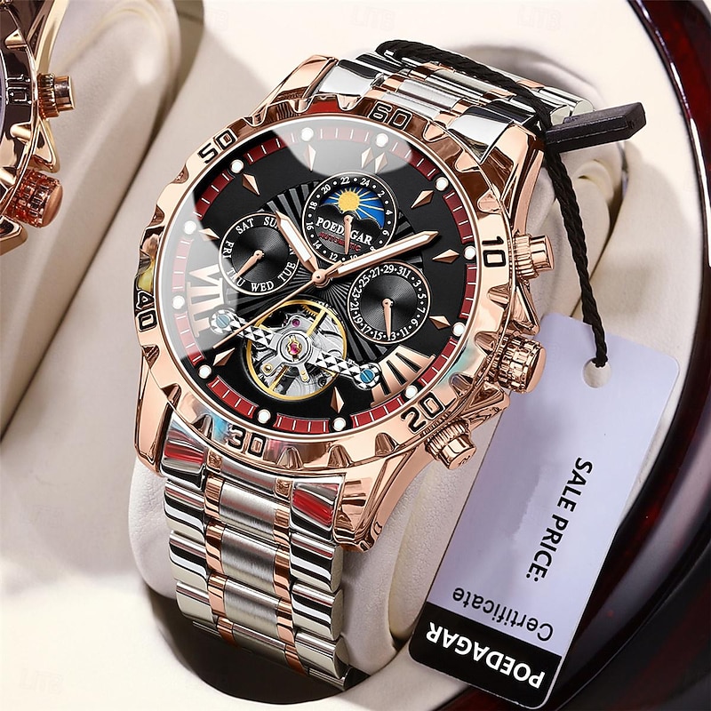 POEDAGAR Men Mechanical Watch Fashion Casual Wristwatch Automatic Self-winding Moon phase Luminous Waterproof Steel Watch