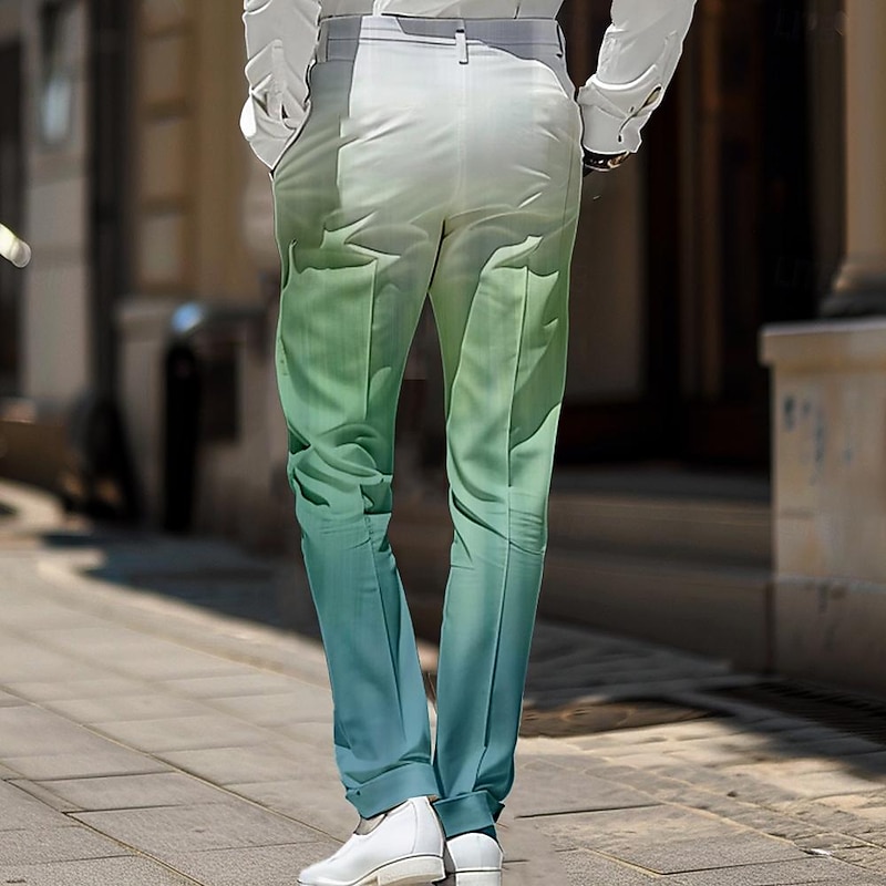 Men's Ombre Dress Pants Mid Waist Business Casual Wedding Dailywear Pocket Straight Leg Trousers Summer Spring Fall 3D Print Blue Green2