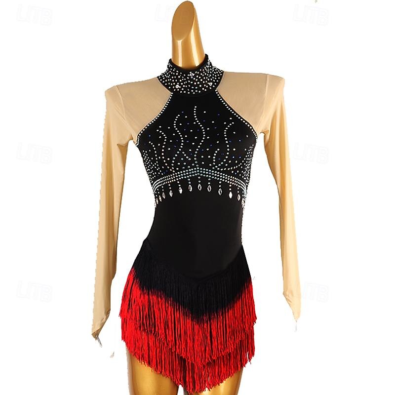 Figure Skating Dress Women's Girls' Ice Skating Dress Black Patchwork Open Back Mesh Spandex High Elasticity Training Practice Professional Skating Wear Classic Crystal / Rhinestone Long Sleeve Ice